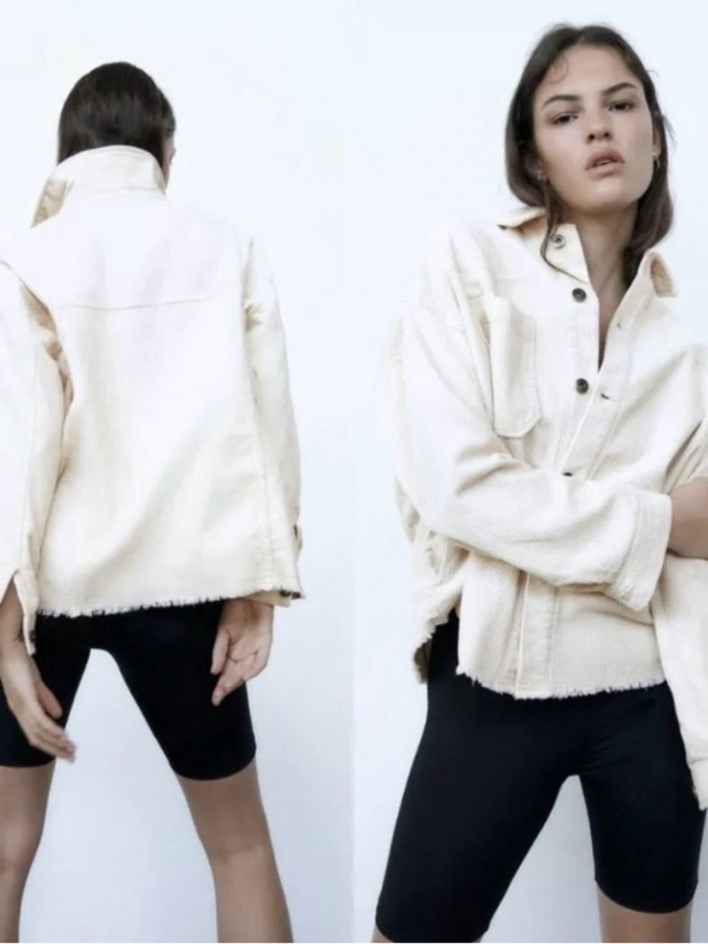 Zara Cream Oversized Button-Front Shacket, 3 Pockets, Frayed Hem Medium, LN